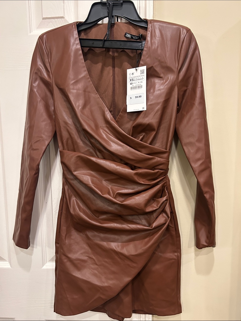 NWT Zara XS Faux Leather Wrap Mini Dress in cognac Brown